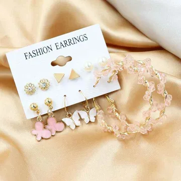 Fashionable Retro Pink Butterfly Earrings Set (6 Pairs)